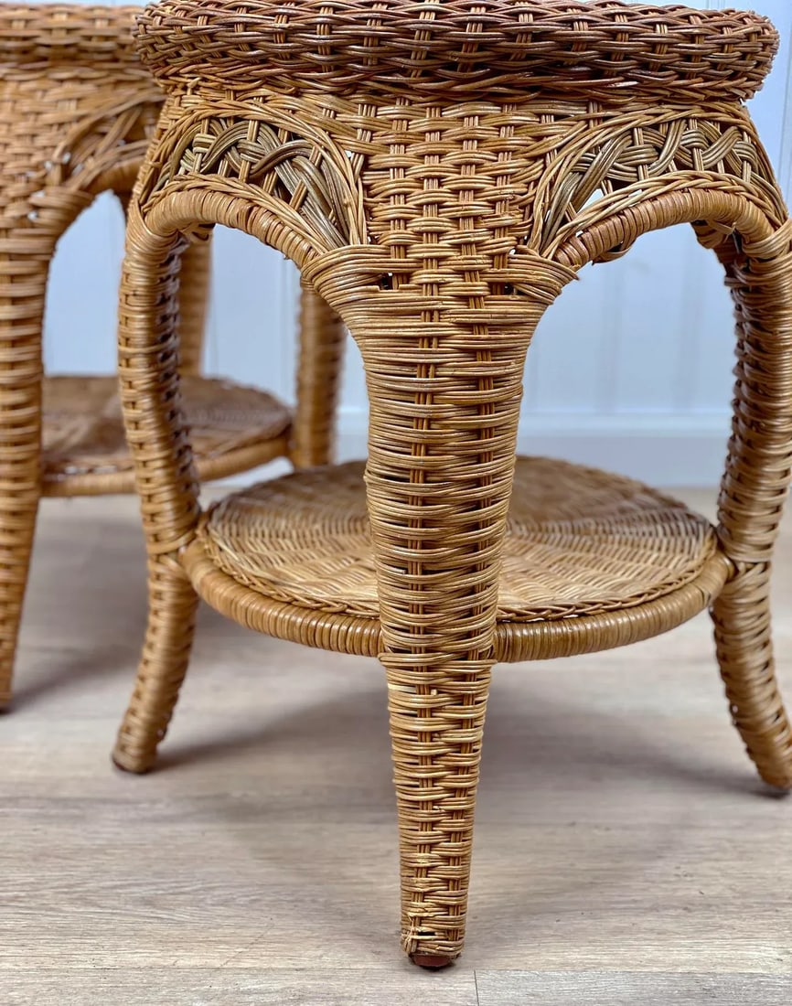 Vintage Coastal Boho Natural Wicker Round Plant Stand End Tables - a Pair - 9