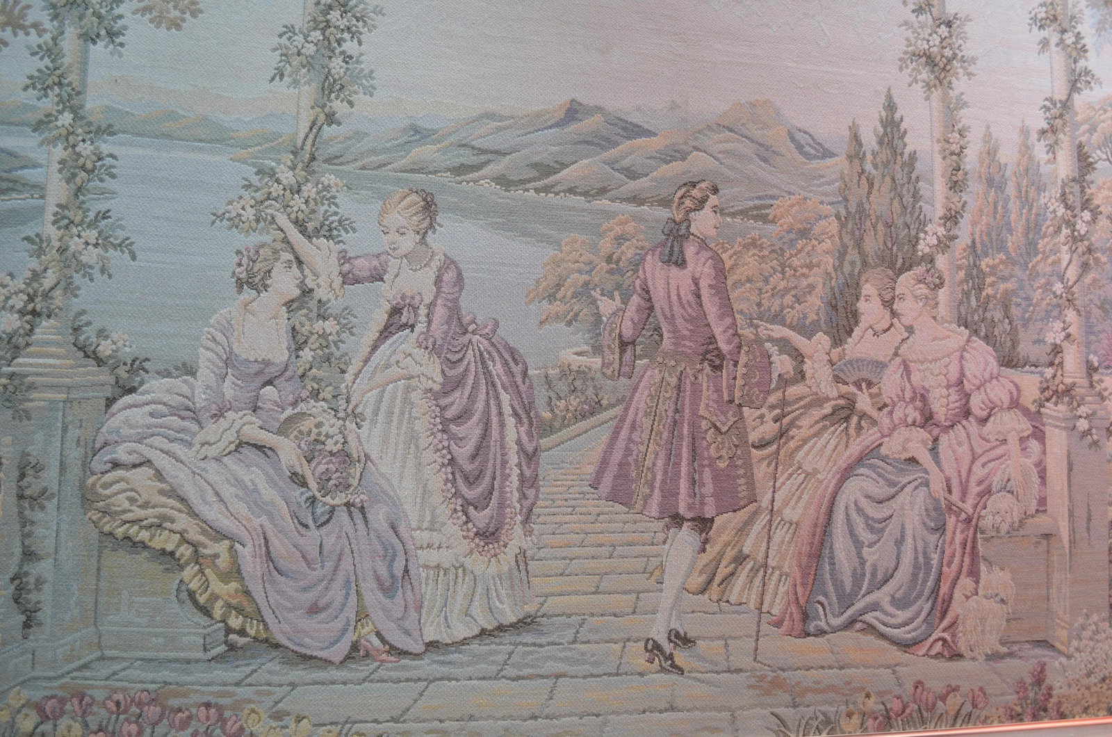 Antique Framed Italian Tapestry Ladies at Lake Como - 2