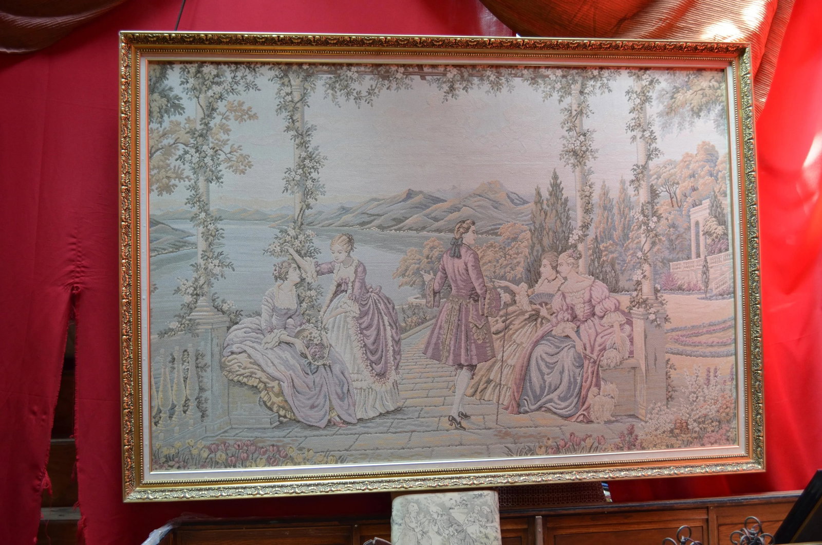 Antique Framed Italian Tapestry Ladies at Lake Como - 6