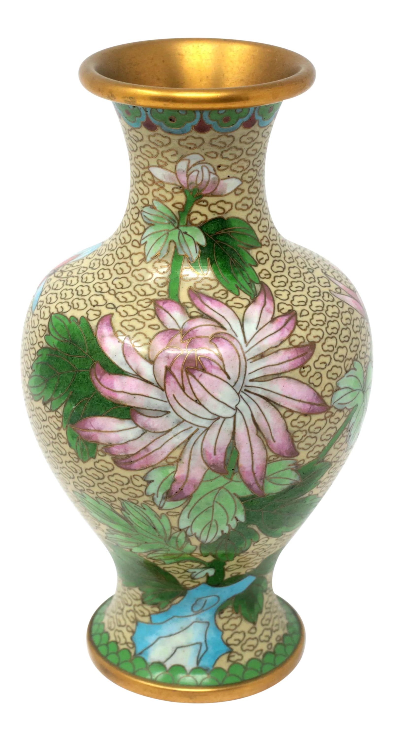 Vintage Cloisonne Vase With Mums and Cherry Blossoms: A vintage brass vase, with a hand-painted design featuring mums, cherry blossoms and a butterfly. Pristine condition. 7 1/2" x 4" diameter Shipping charges for contiguous United States only. Does NOT