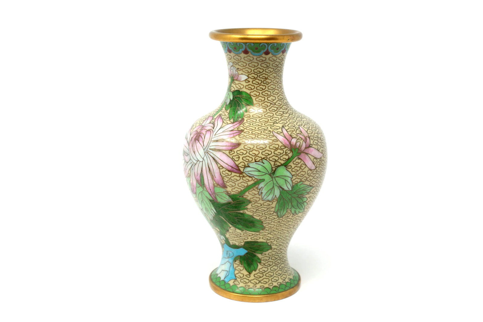 Vintage Cloisonne Vase With Mums and Cherry Blossoms - 3
