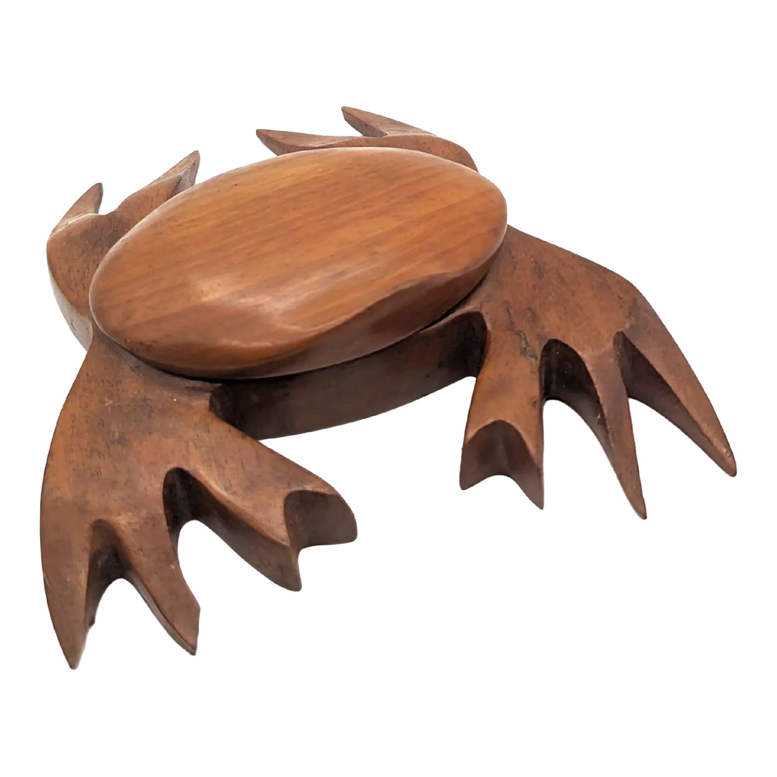 1960s Handcrafted Taverneau Wood Crab Trinket Box: Offered is a hand-carved and lathed crab-shaped trinket or ring box made of Taverneau wood in Haiti in the mid to late 1960s. This is typical folk art and a travel souvenir, yet it is particularly