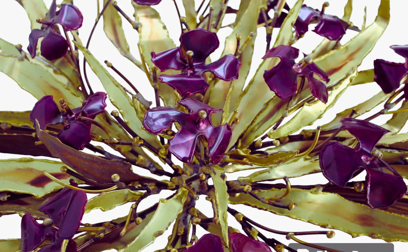 Vintage Metal Wall Sculpture Signed Stephen Vat Brass With Purple Flowers Brutalist 1970's Indoor or - 3