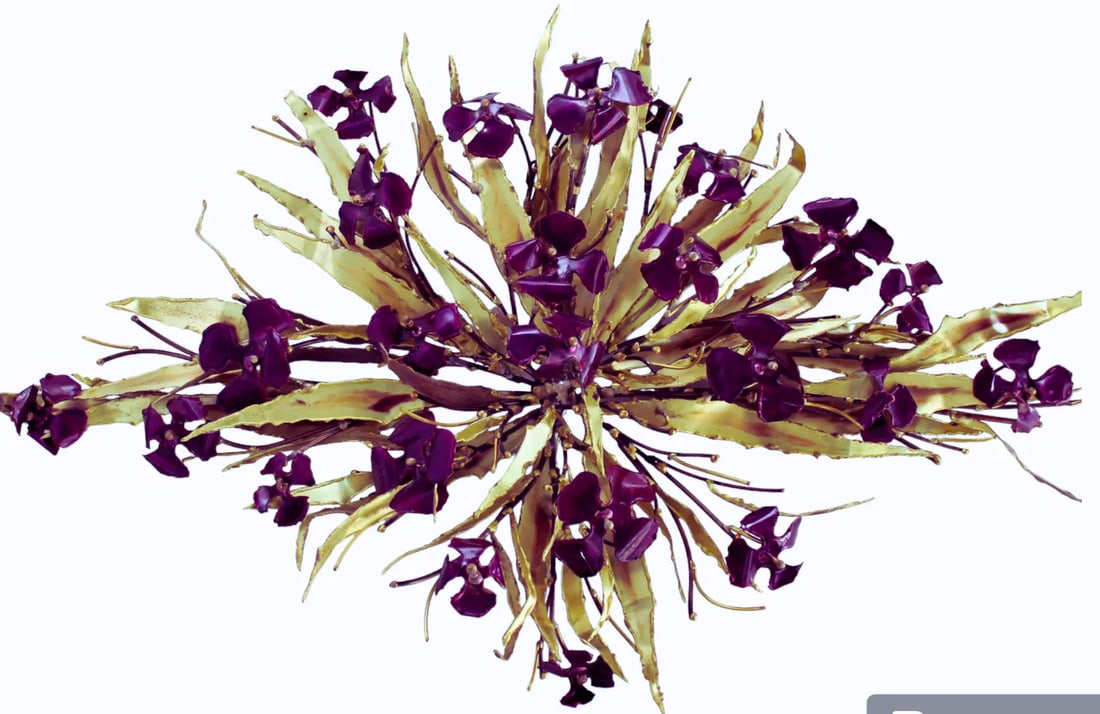 Vintage Metal Wall Sculpture Signed Stephen Vat Brass With Purple Flowers Brutalist 1970's Indoor or - 4