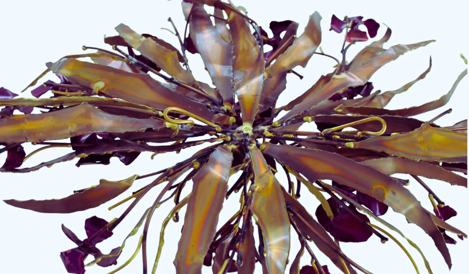 Vintage Metal Wall Sculpture Signed Stephen Vat Brass With Purple Flowers Brutalist 1970's Indoor or - 5