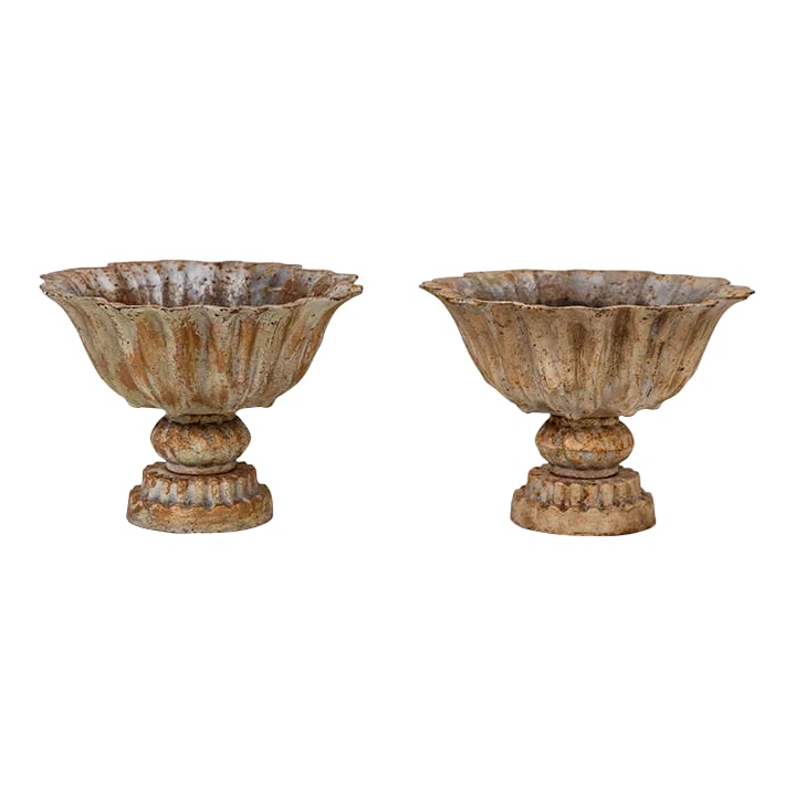 Pair of Verdigris Painted Iron Tazzas or Urns, English Late 20th Century: This captivating pair of late 20th-century iron tazzas exhibits a distinct verdigris patina, imbuing them with an aura of antiquity. Meticulously crafted, their wide, shallow bowls perch atop