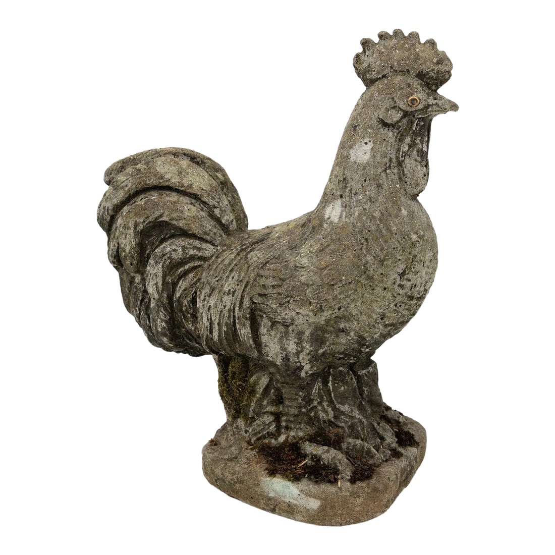 French Country Rooster, Mid 20th Century: This iconic French Country rooster sculpture, fashioned from aged concrete, exudes rustic elegance and timeless allure. With an honest age and weathered patina, it bears the marks of the passage of