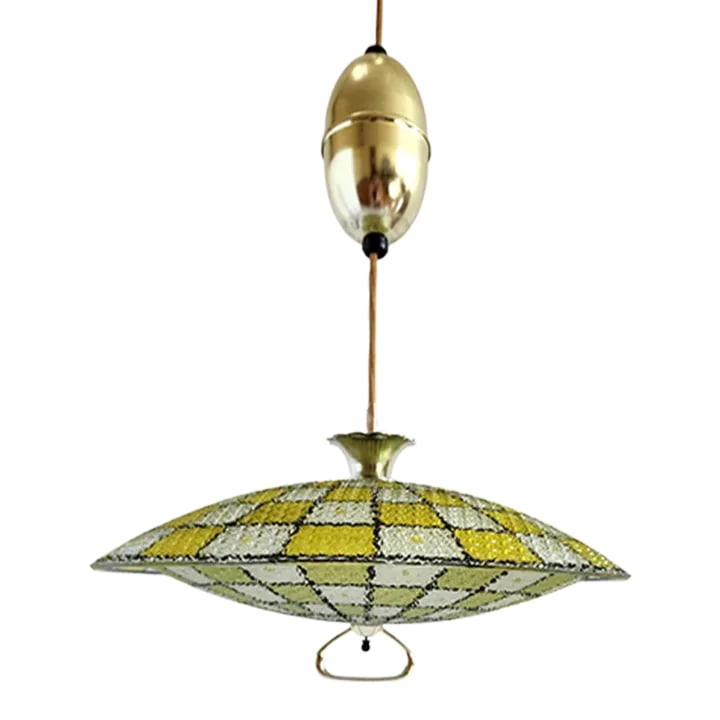 Mid Century Modern Retractable Adjustable Light Fixture: Mid Century Modern waffle glass pattern retractable and adjustable light fixture with geometric yellow and black design. Perfect pendant for a retro Mid Century decor! Condition: Alterations: