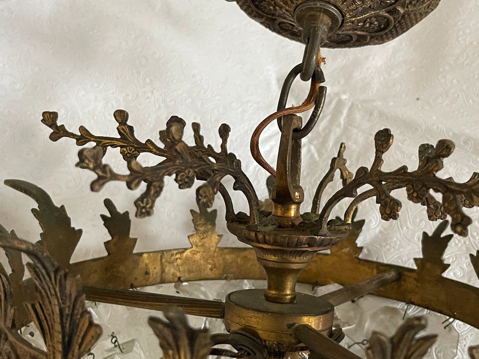 Vintage Cast Brass and Crystal Basket Chandelier With 3 Lights - 10