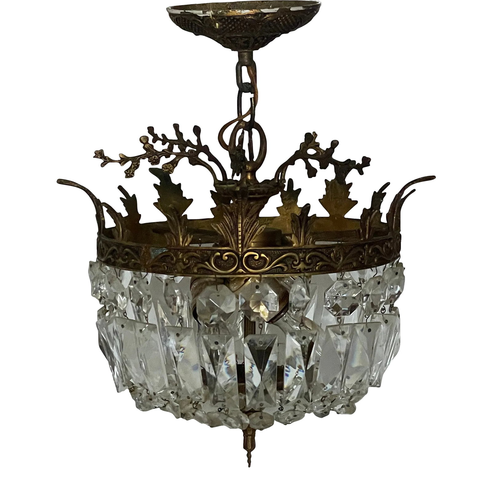 Vintage Cast Brass and Crystal Basket Chandelier With 3 Lights (1 of 12)