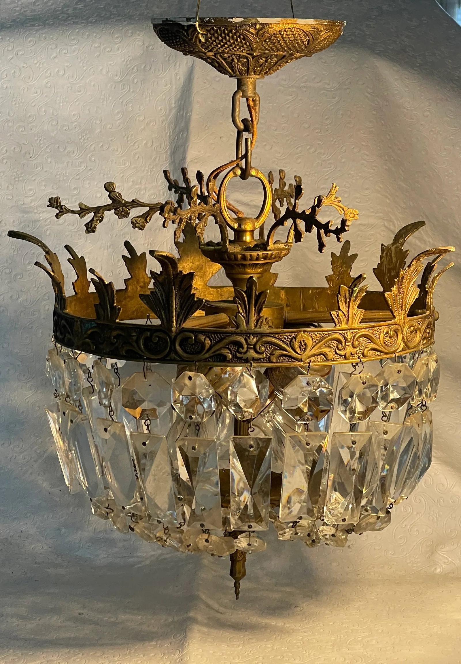 Vintage Cast Brass and Crystal Basket Chandelier With 3 Lights - 2