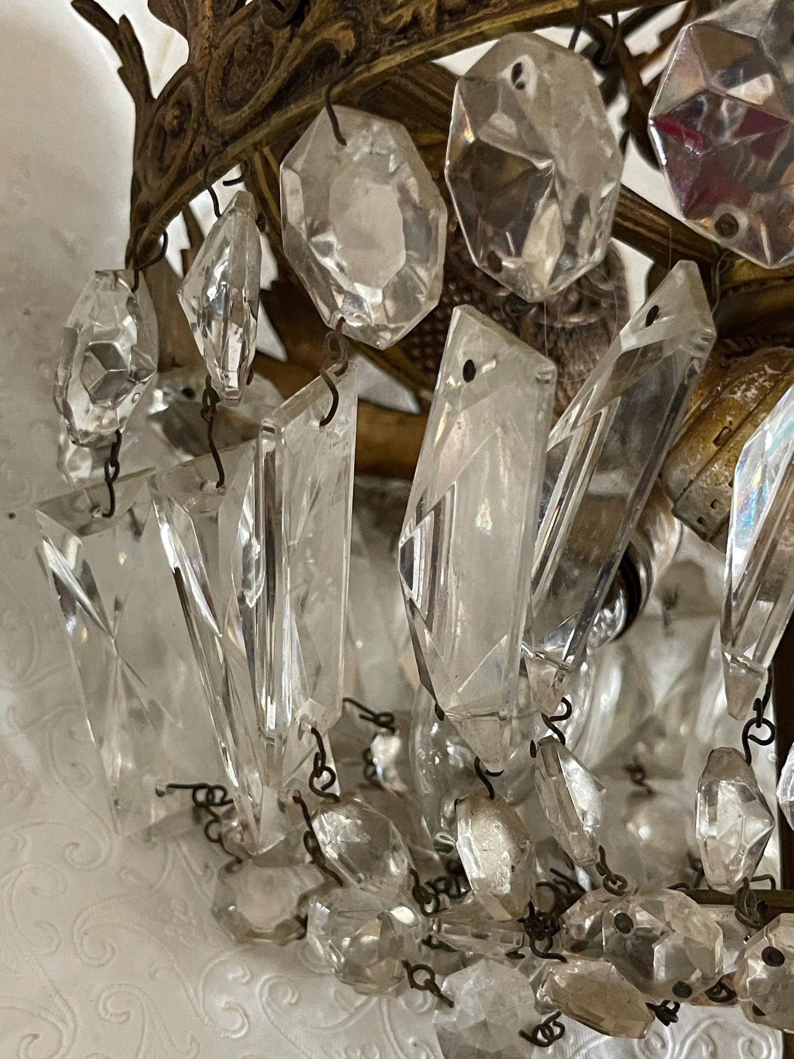 Vintage Cast Brass and Crystal Basket Chandelier With 3 Lights - 6