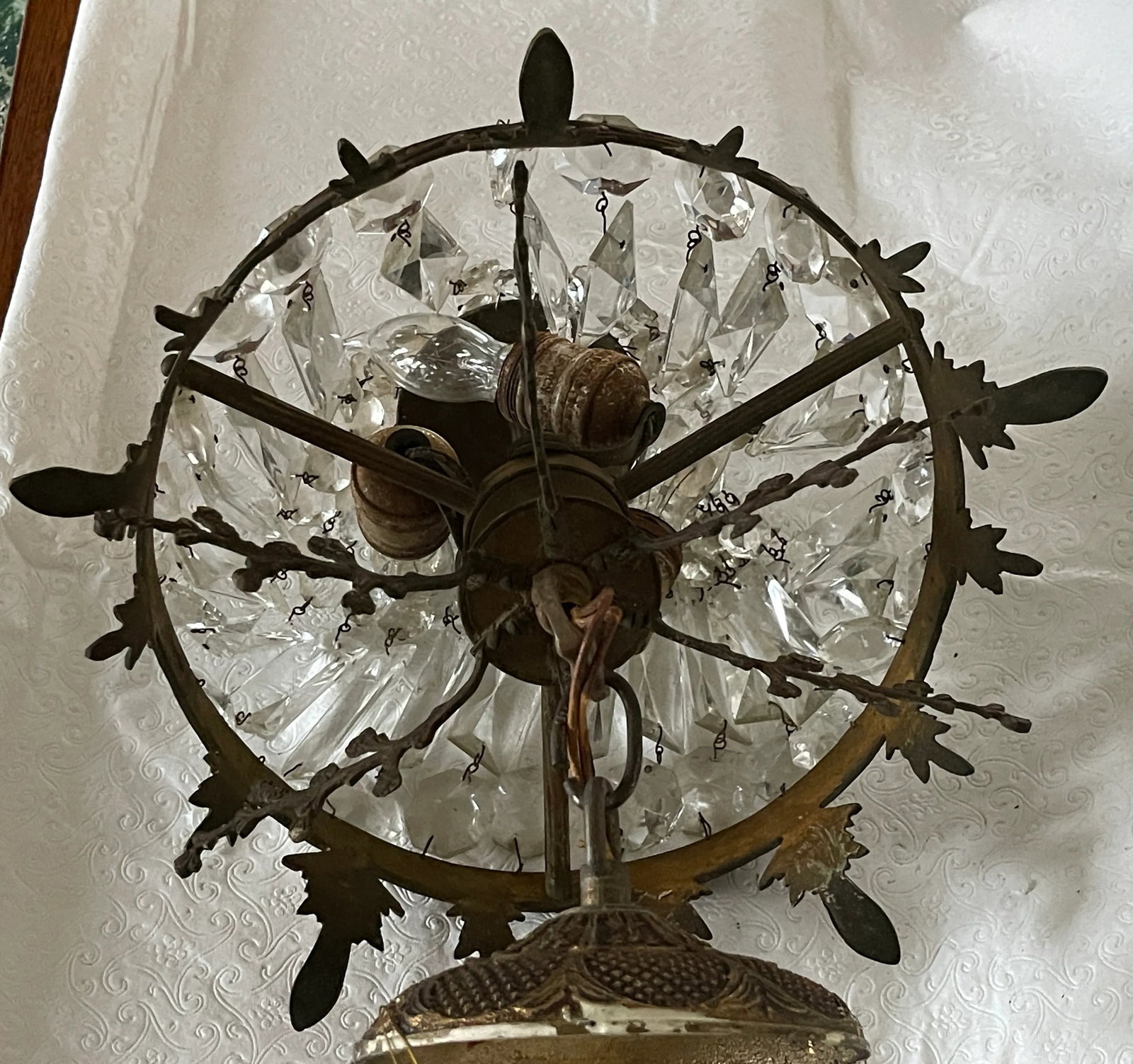 Vintage Cast Brass and Crystal Basket Chandelier With 3 Lights - 8