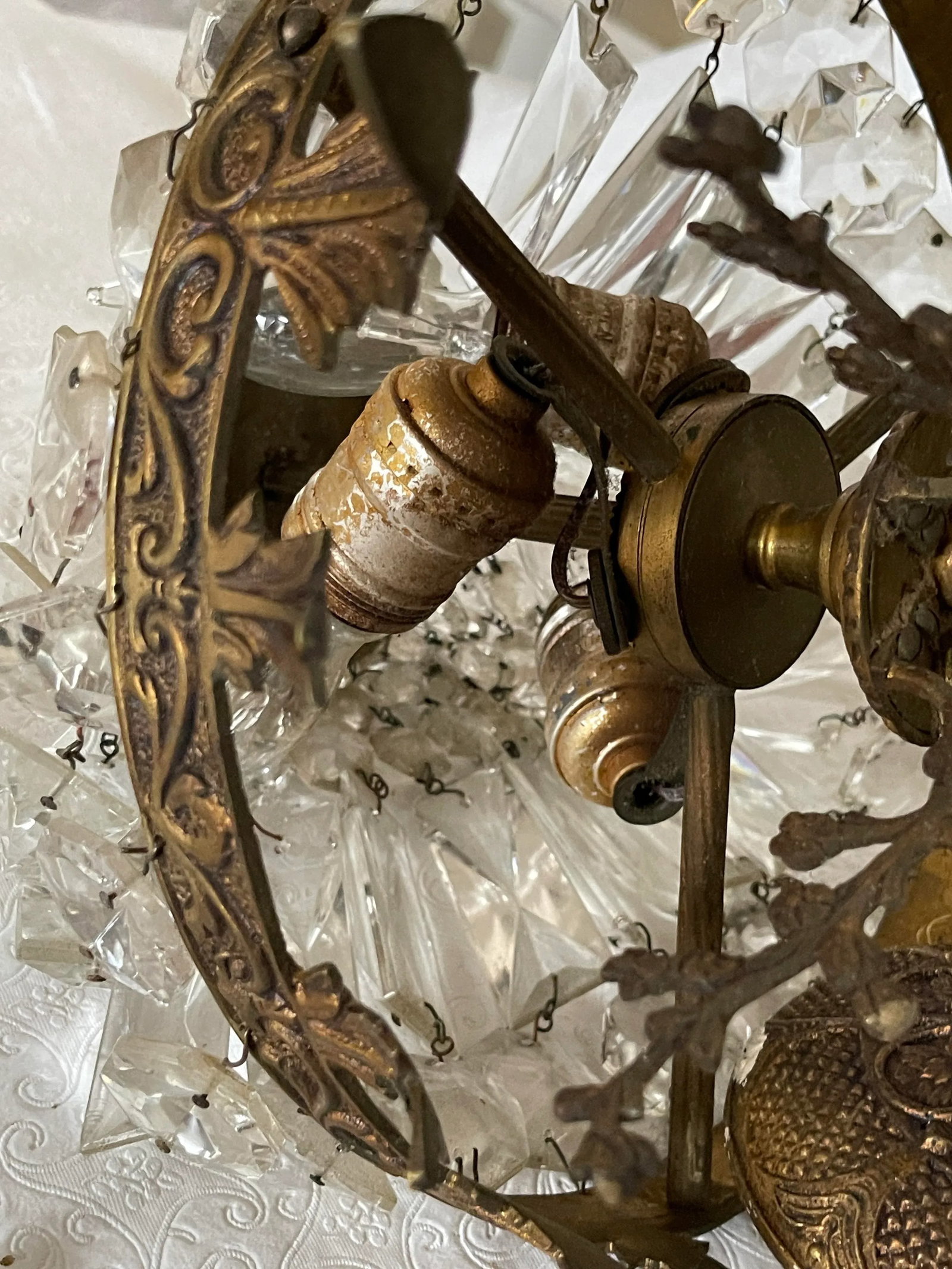 Vintage Cast Brass and Crystal Basket Chandelier With 3 Lights - 9
