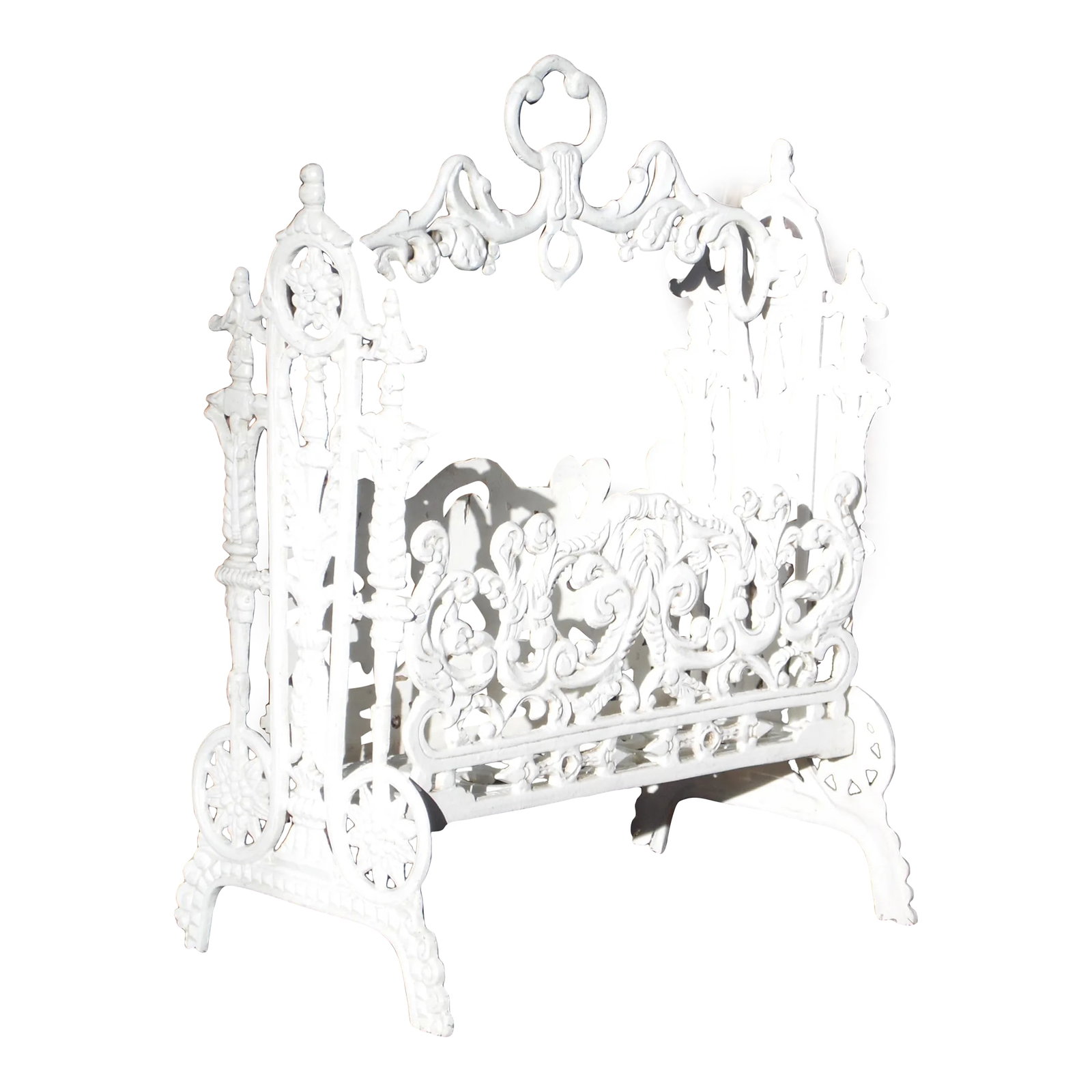 Antique Victorian Cast Iron Magazine Rack Vintage Sheet Music Stand: Early 20th c. cast metal stand with intricate design, that is designed to hold magazines, books or sheet music. This ornately shaped stand has a white distressed finish over the metal. A lovely and fu