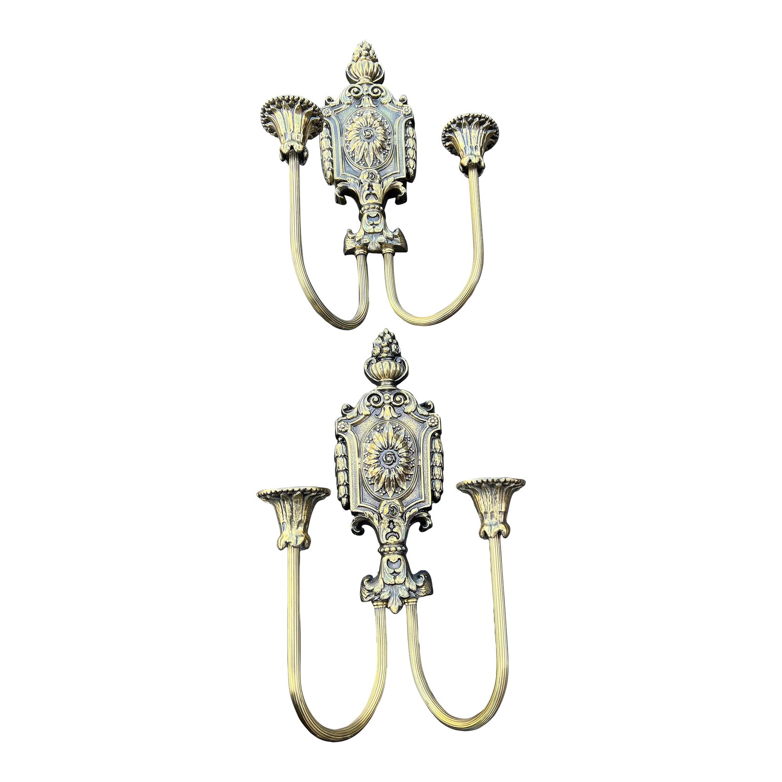 1960s Gold Gilt Style Wall Candle Sconces - a Pair: Metal Wall Candle Sconces in a Gold Gilt Style and in a Great Design that merges with different styles . Condition: Alterations: Original Condition Unaltered Imperfections: Some Imperfections Conditio