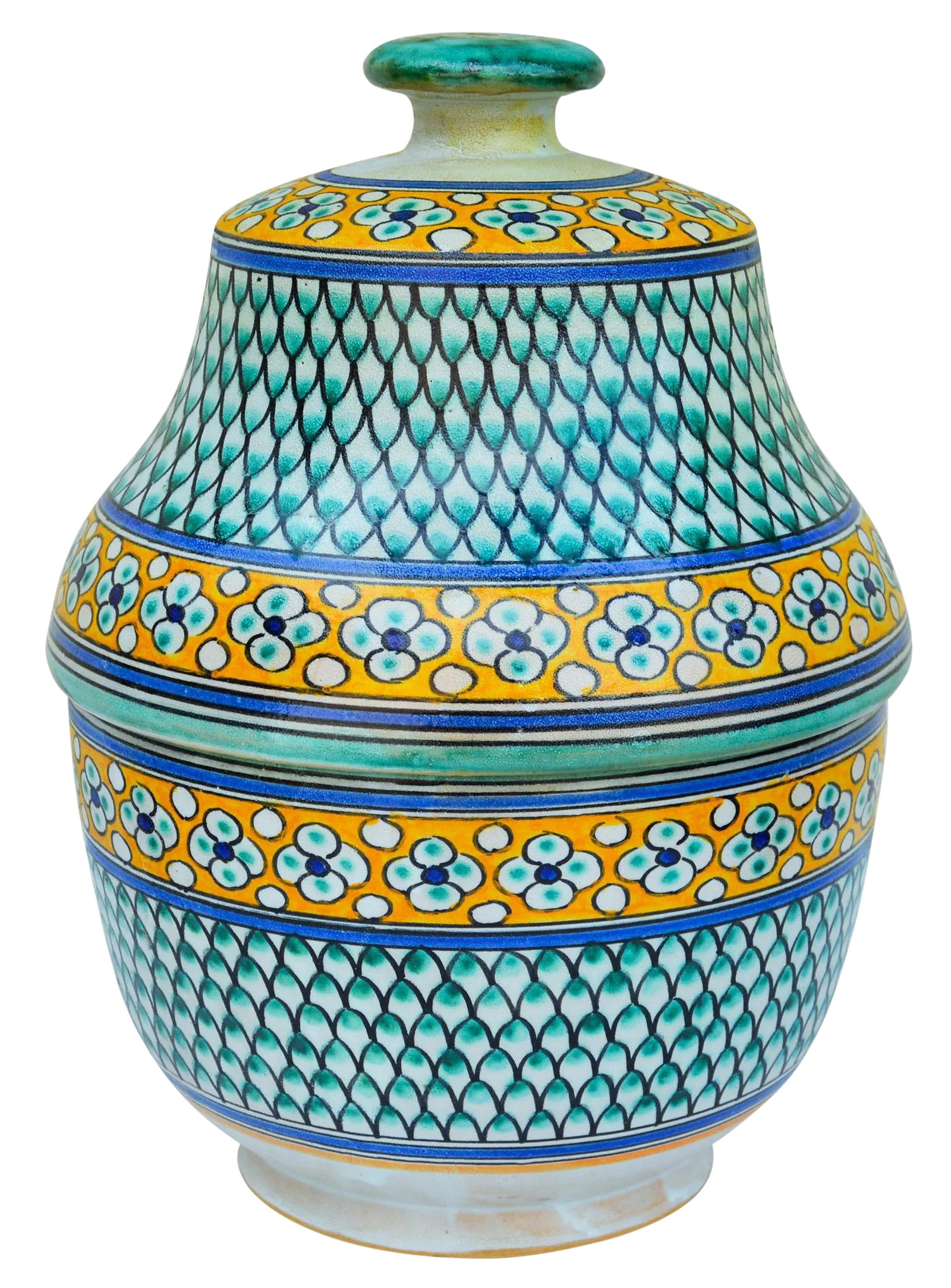 Late 20th Century Moroccan Polychrome Ceramic Lidded Bowl: Handcrafted and glazed Moroccan ceramic jar with lid. Hand-painted with Moorish pattern in traditional color combination. Maker's mark on underside. This beautiful accent ships within 1-2 business