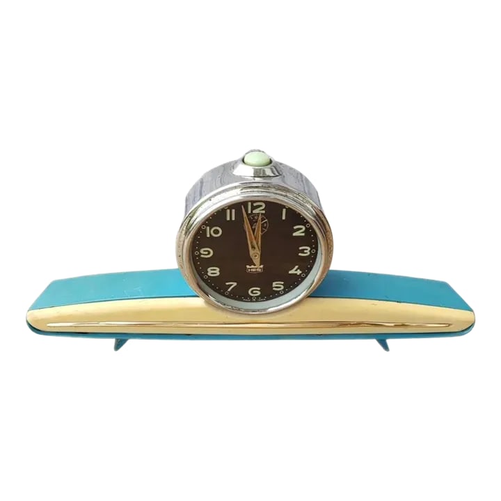 Sale 50s Vintage Art Deco Space Age Toyo Rhythm Style Streamline Turquoise Mid Century Winding Mante: Extremely rare, streamline art deco to mid century Space Age winding turquoise and off white mantel alarm clock This clock, similar in design to the highly collectible Toyo Clox, Rhythm and Tokyo bran