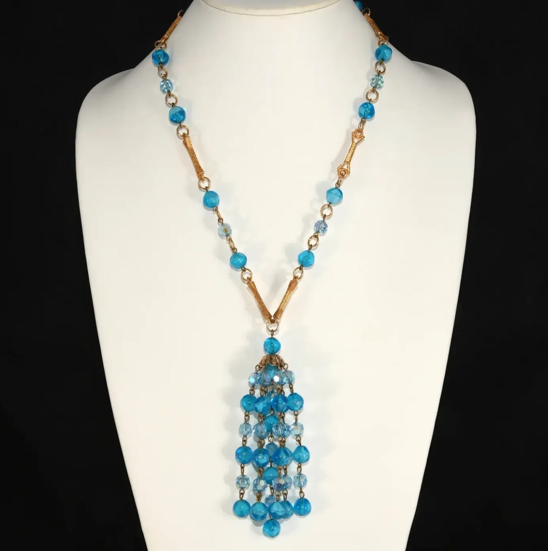 Vintage Tassel Necklace Caribbean Blue Glass Beads - 2