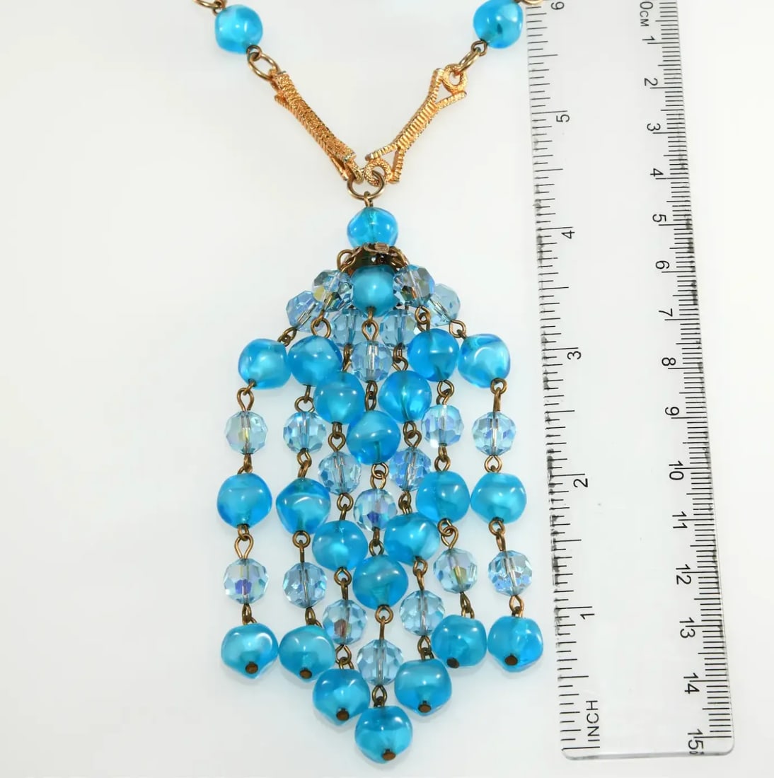 Vintage Tassel Necklace Caribbean Blue Glass Beads - 3