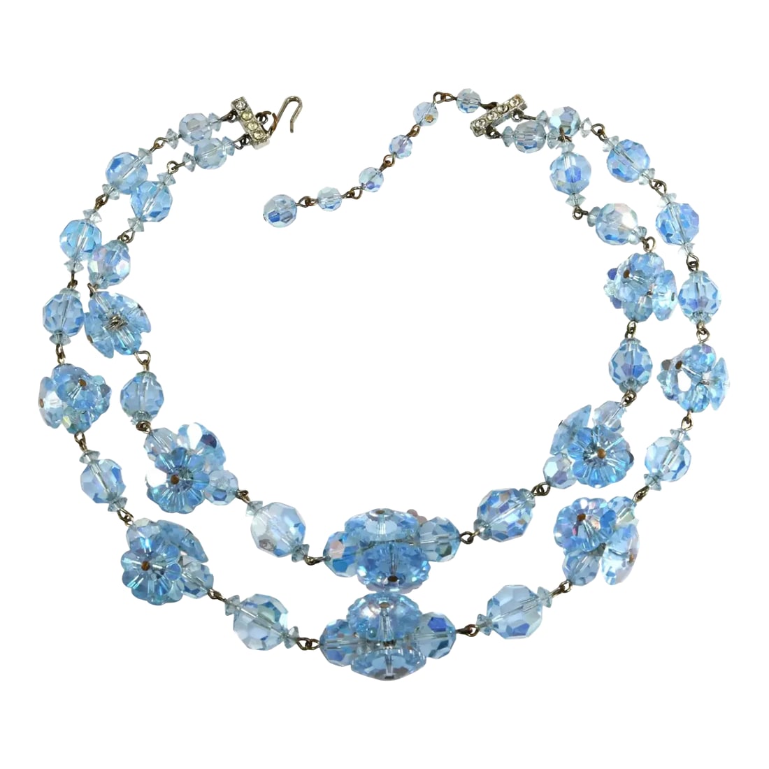 Vintage Blue Margarita Stones and Beads Necklace: This is part of Chairish's Costume Jewelry assortment. Vintage two strand cecklace featuring blue margarita shape stones and beads, some with iridescent accents. Fastens with hook closure featuring