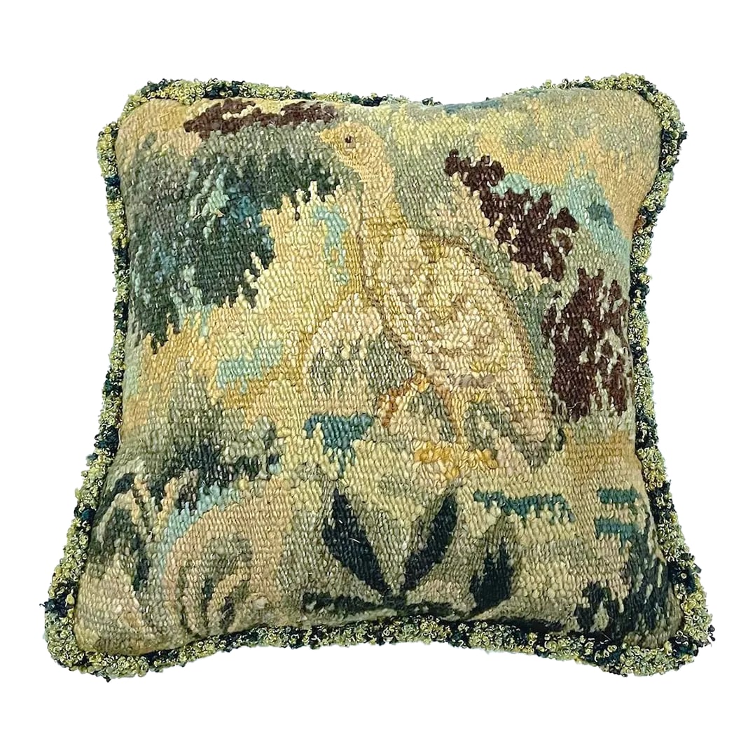 Antique Bird Verdure Tapestry Pillow: Small antique bird set in a verdure background tapestry pillow with brown velvet back. Zipper enclosure and down fill. No maker's marks. Condition: Alterations: Original Design Modified Imperfections: