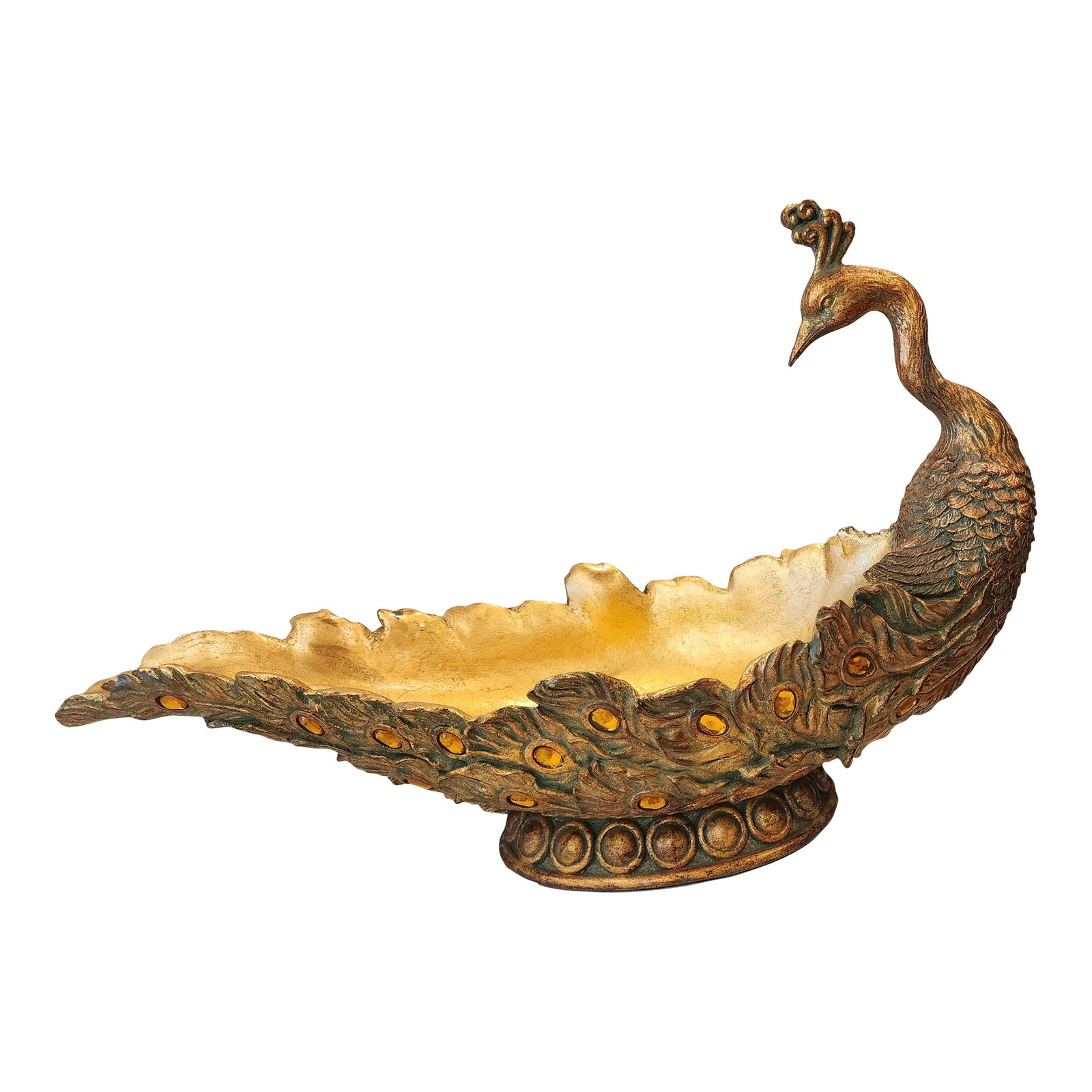 1980s Vintage Peacock Centerpiece Bowl: This listing consists of a beautiful vintage peacock centerpiece bowl that is jeweled on the sides. It's a great decorative piece for any room. It's in excellent condition with no damage. It measures
