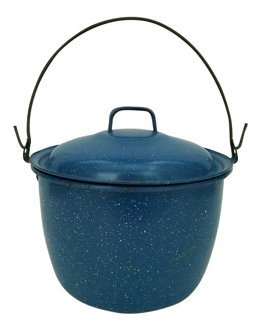 1950s Vintage Blue Enamelware Pot: Vintage blue speckled enamelware pot with metal handle. Exterior of pot shows use and has some chipping, interior has staining on bottom, handle has rust. Pot without lid and handle is 5.5" tall x 8.2