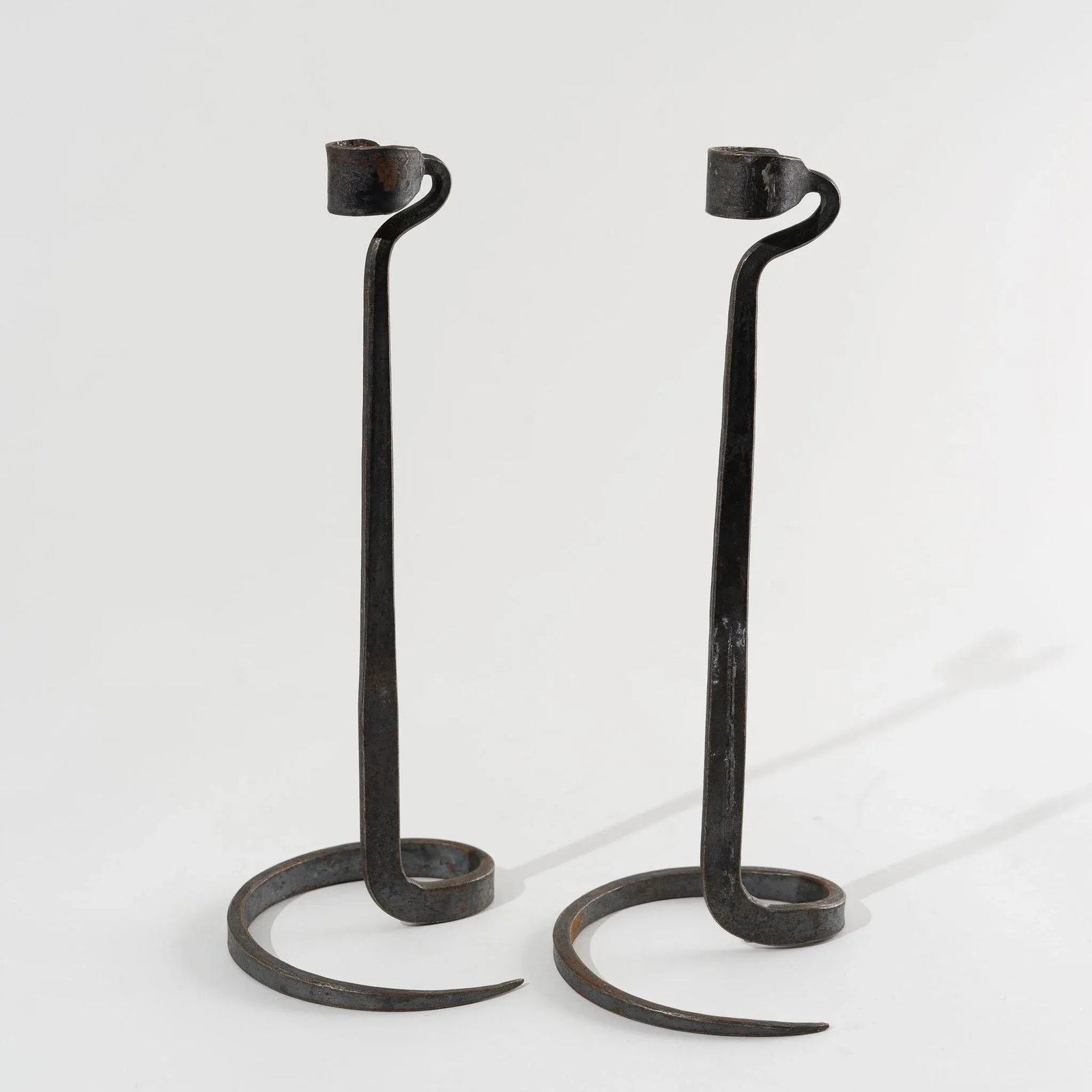Brutalist Hand Forged Wrought Iron Spiral Candle Stick Holders - a Pair - 7
