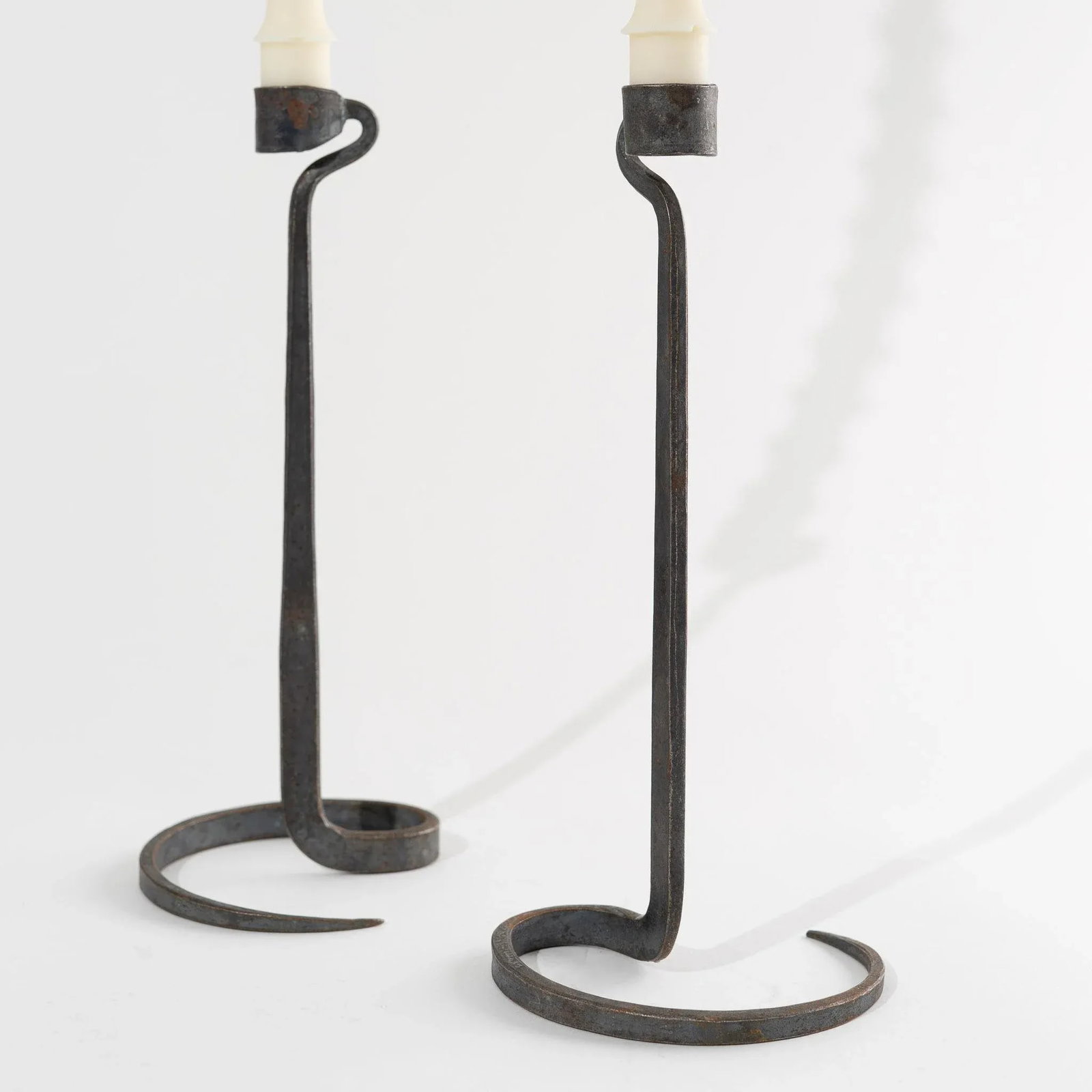 Brutalist Hand Forged Wrought Iron Spiral Candle Stick Holders - a Pair - 8