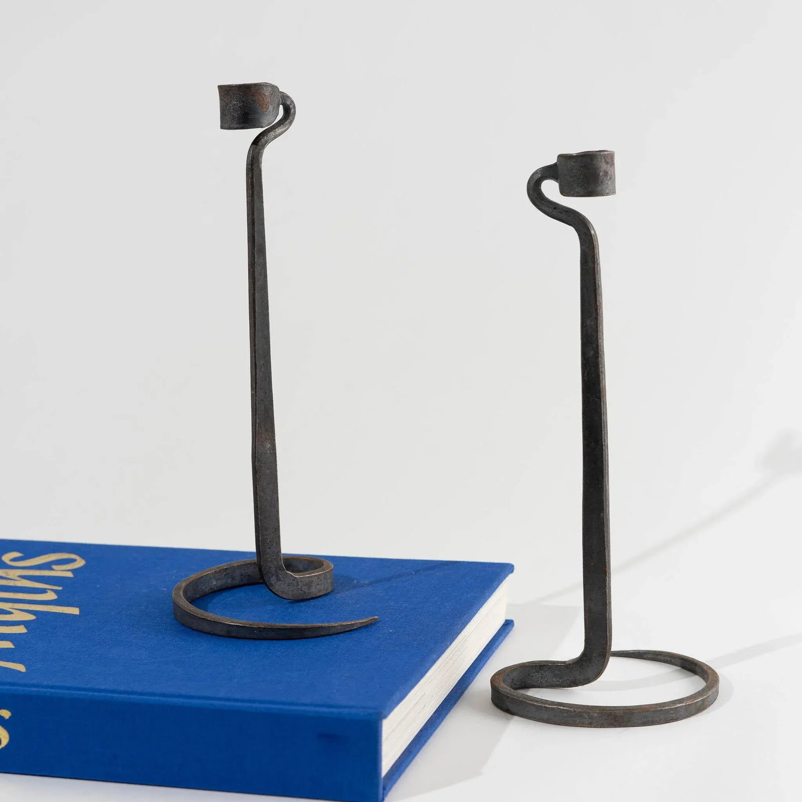 Brutalist Hand Forged Wrought Iron Spiral Candle Stick Holders - a Pair - 9