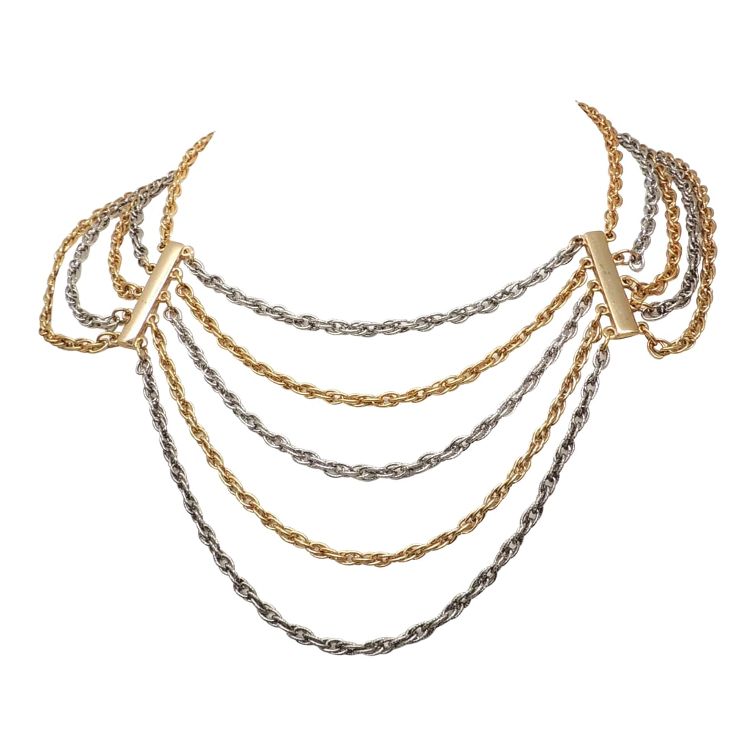 Vintage 1970s Signed Napier Goldtone & Rhodium Plated Festoon Necklace: This is part of Chairish's Costume Jewelry assortment. 1970s goldtone and rhodium plated multichain festoon necklace with fold over clasp. Marked "NAPIER(C)." Interior circumference is about: 15 1/2 i