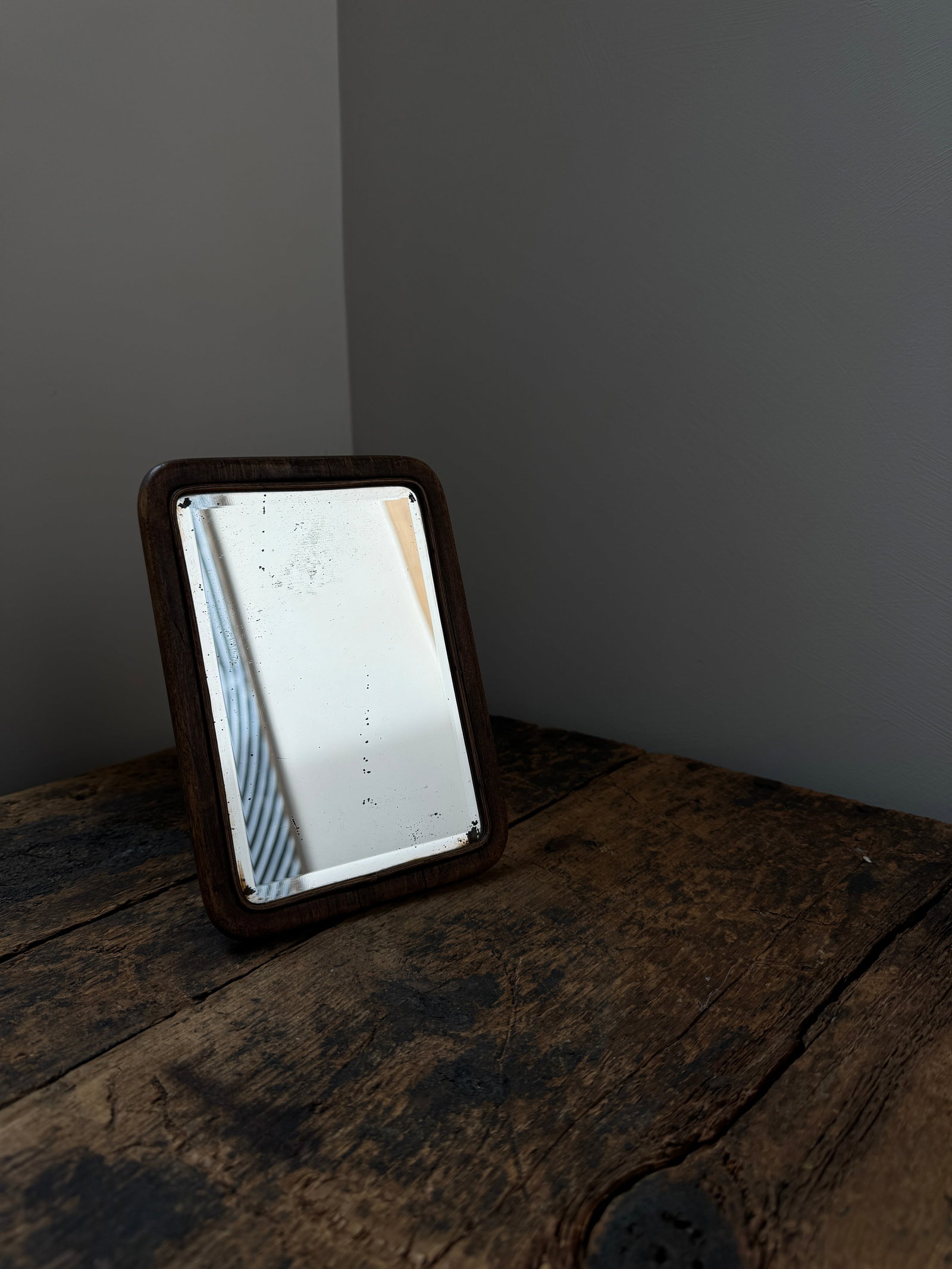 Small Antique French Wood Beveled Mirror With Easel Stand - 2