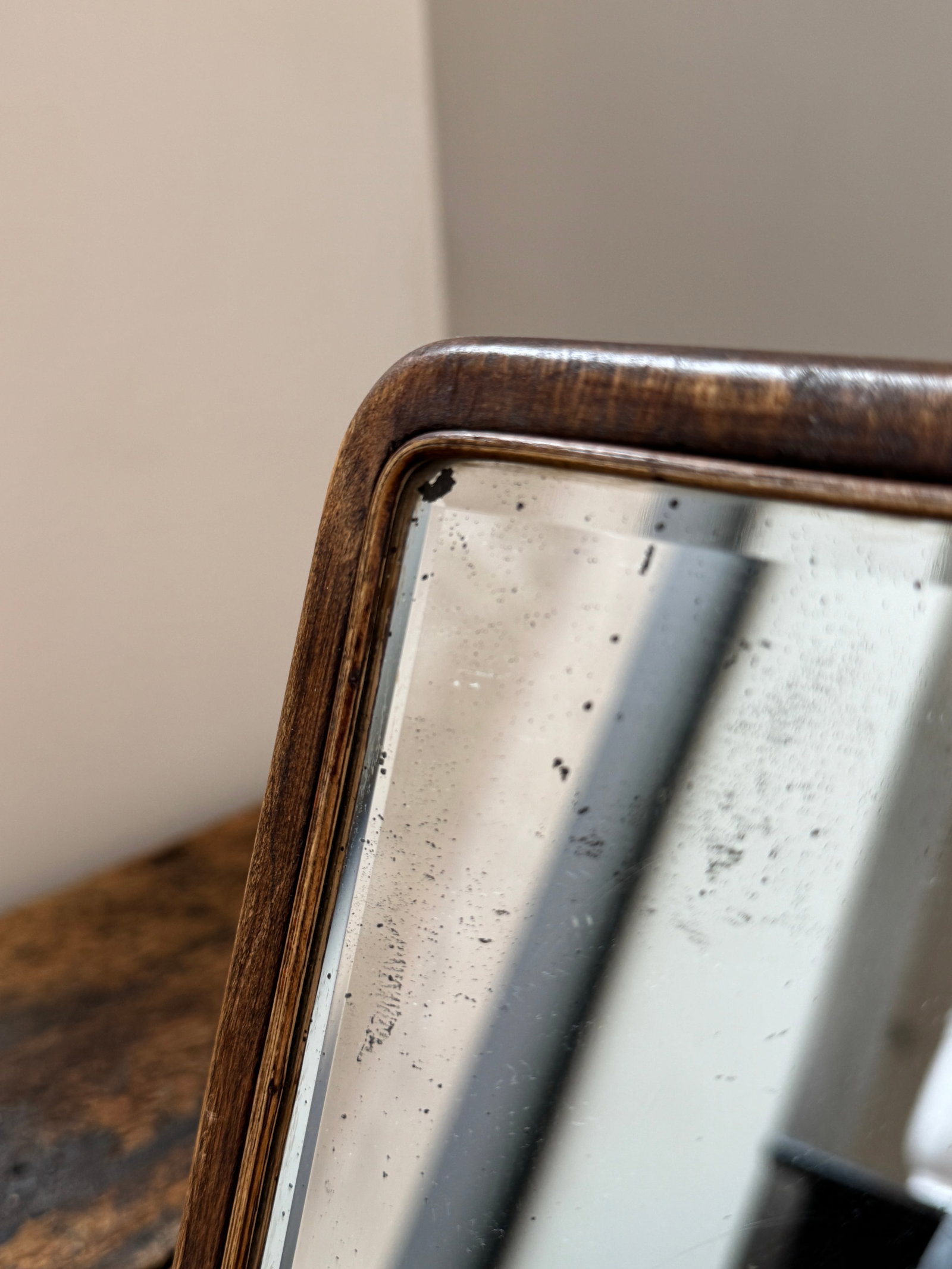 Small Antique French Wood Beveled Mirror With Easel Stand - 4