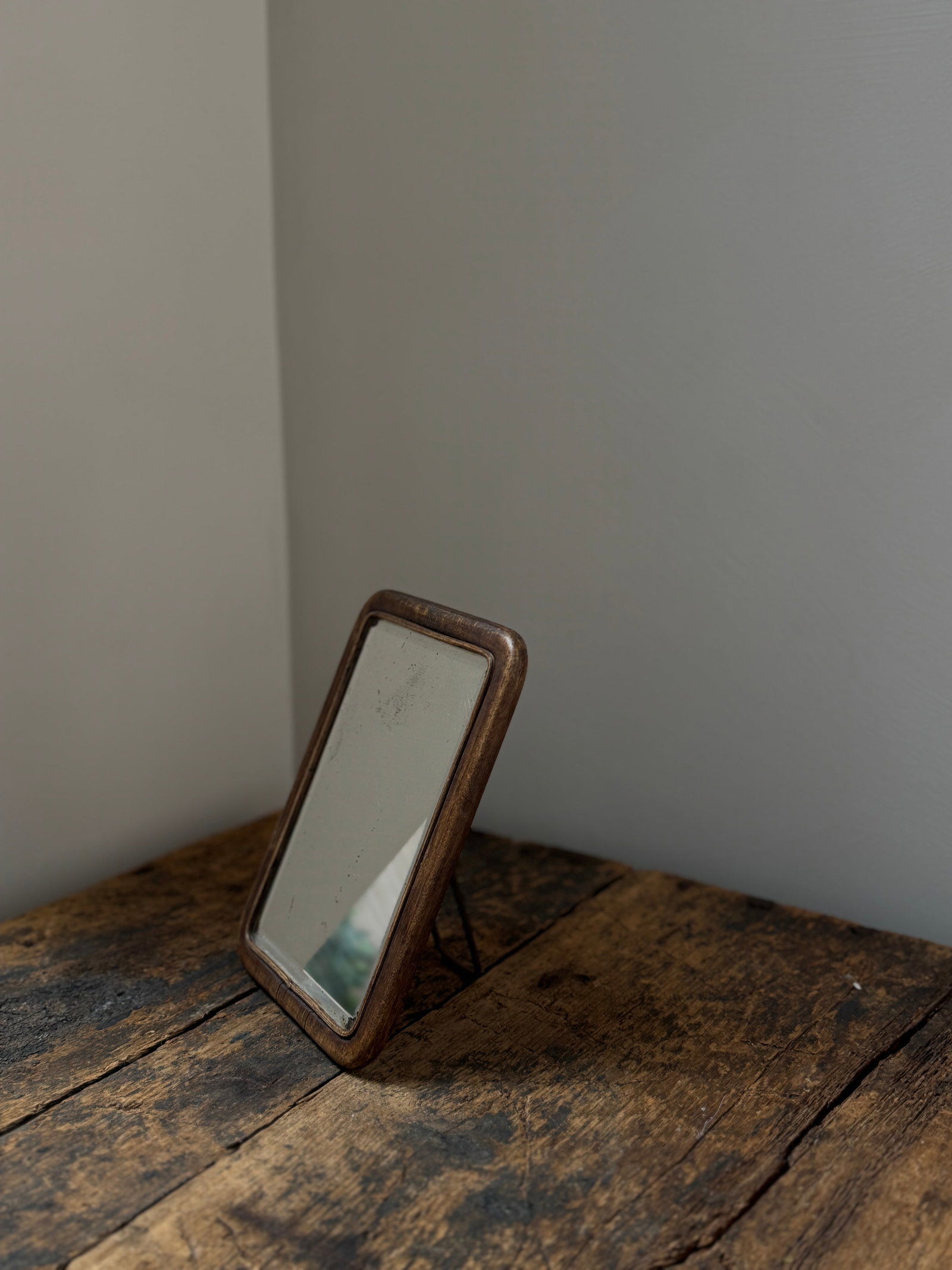 Small Antique French Wood Beveled Mirror With Easel Stand - 7
