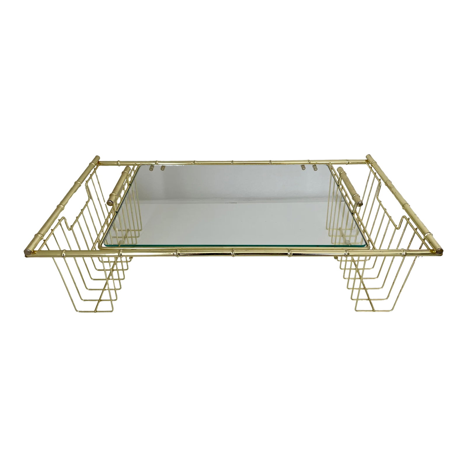 Mid 20th Century Hollywood Regency Faux Bamboo Brass Breakfast in Bed Lap Tray: A charming breakfast or multi-use tray from an era gone by. Faux bamboo with plated brass give it a timeless style, wonderful with any decor. There are two side compartments for holding a newspaper, m