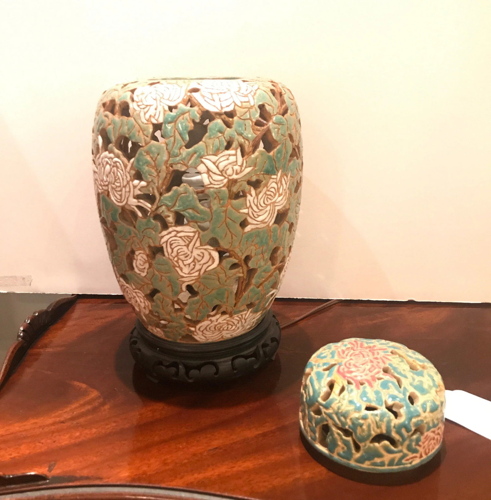 Asian Style Art Pottery and Enamel Ginger Jar Lamp - 3