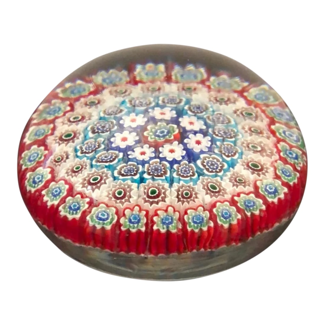 1950s Murano Attributed Millefiori Hand Blown Paper Weight: Vintage Murano handblown honeycomb Millefiori flowers colorful paperweight attributed not signed and purchased in Venice Italy at Murano glass in 1985. Each intricate piece of flower was crafted entir