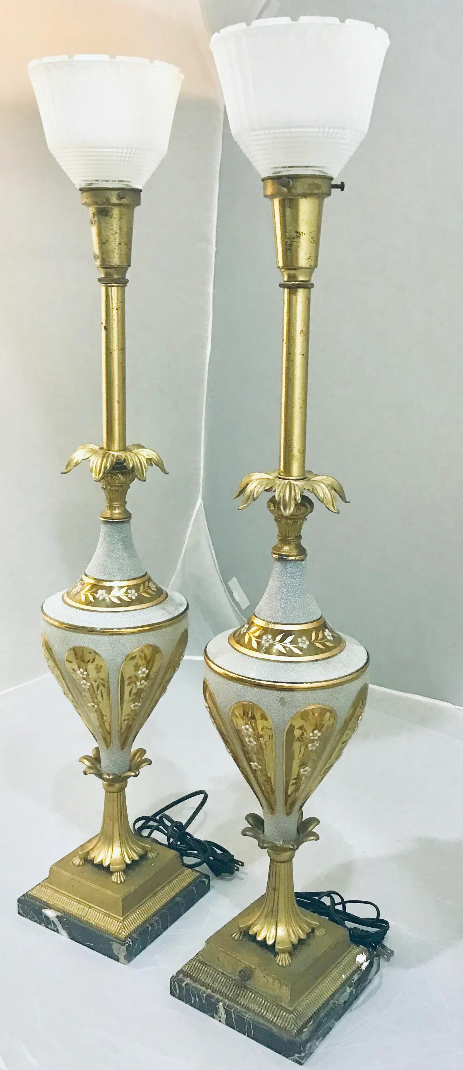 1940s Glass & Brass Torchiere Table Lamps - a Pair - 10