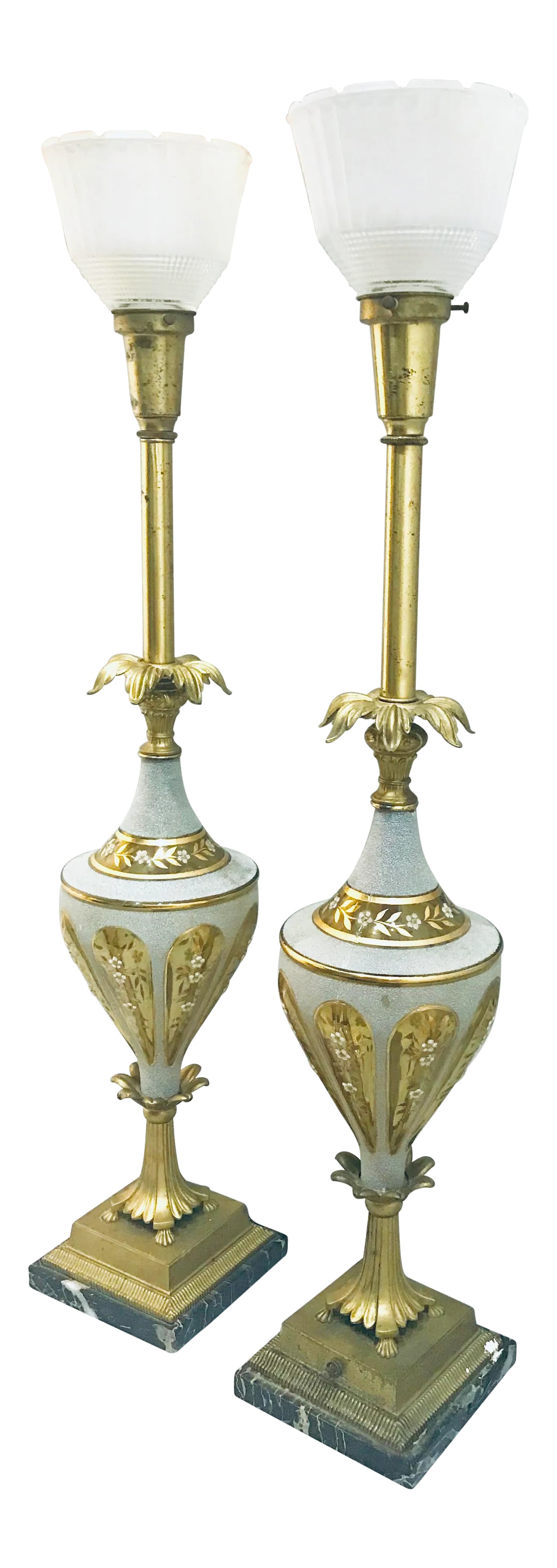1940s Glass & Brass Torchiere Table Lamps - a Pair (1 of 10)