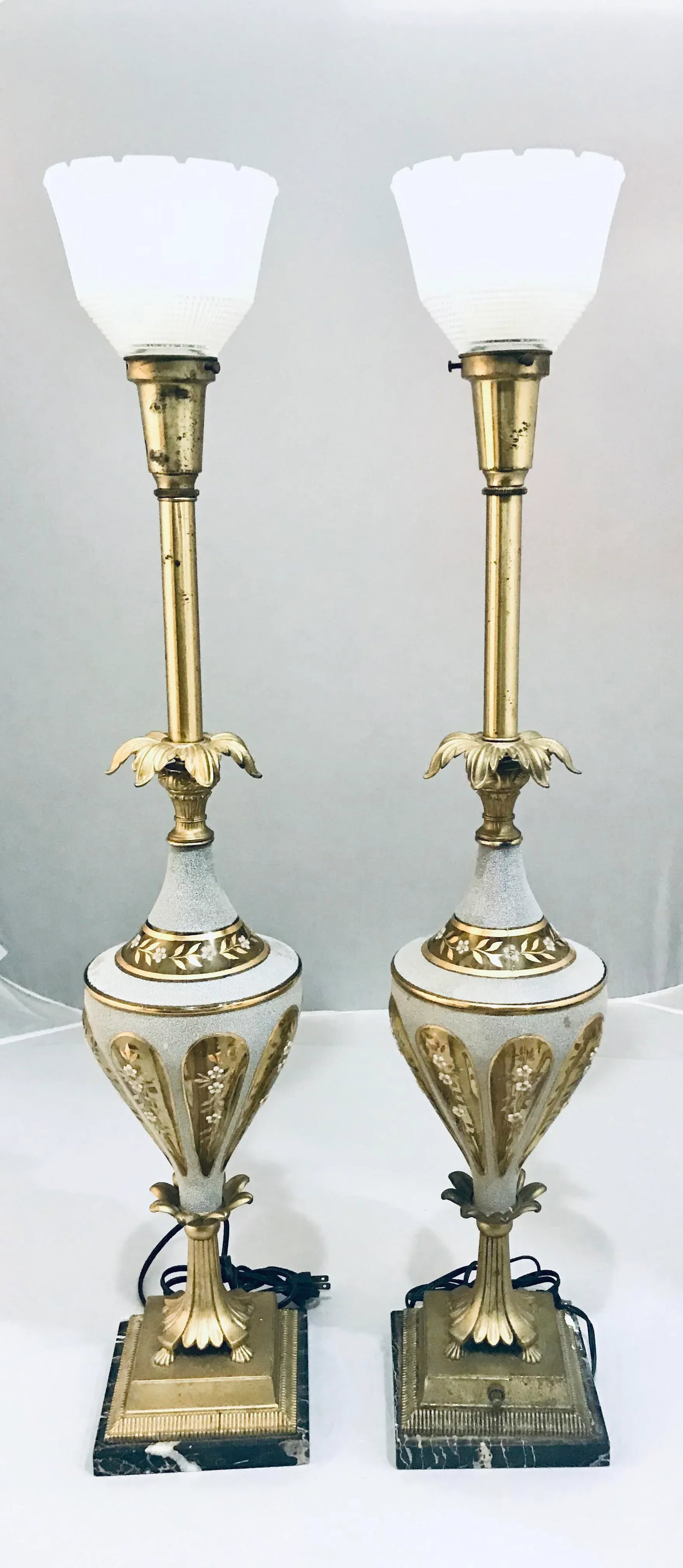 1940s Glass & Brass Torchiere Table Lamps - a Pair - 2