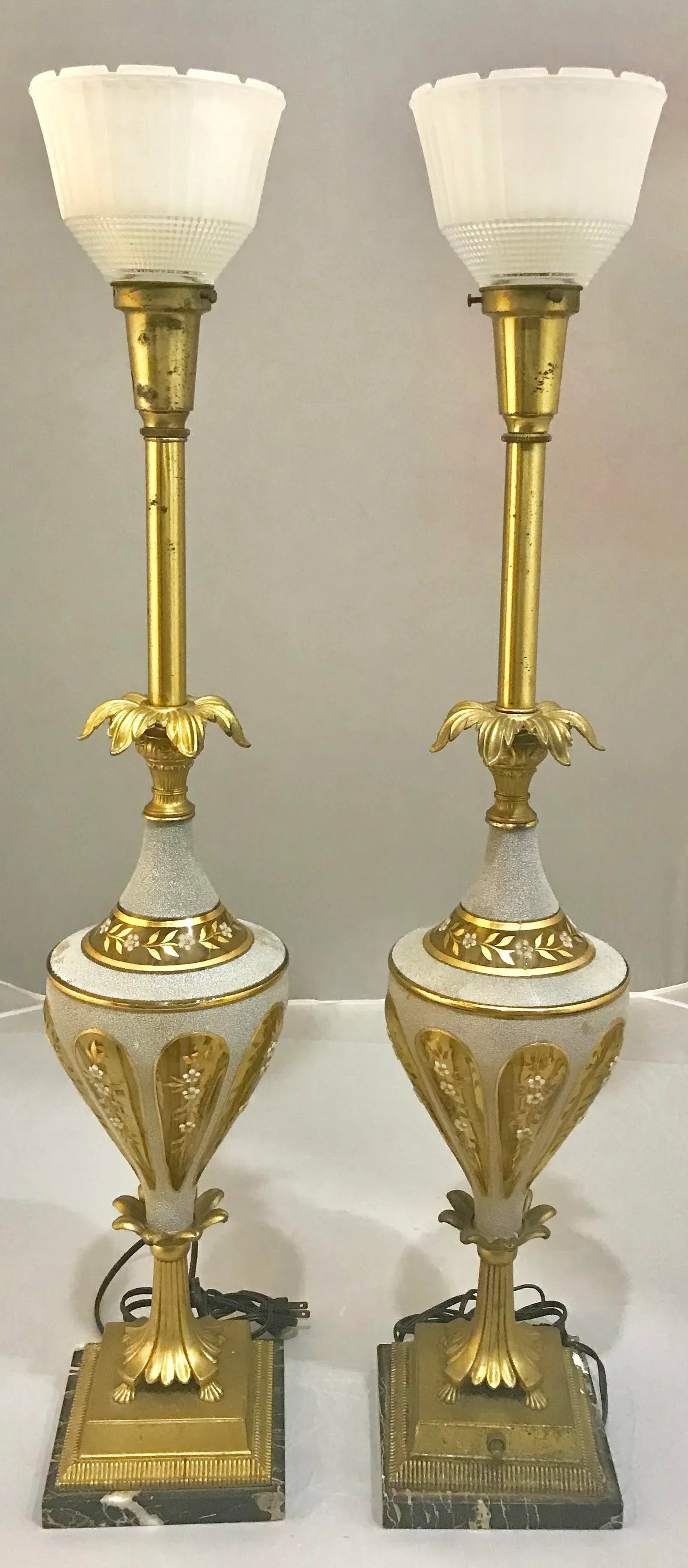 1940s Glass & Brass Torchiere Table Lamps - a Pair - 3