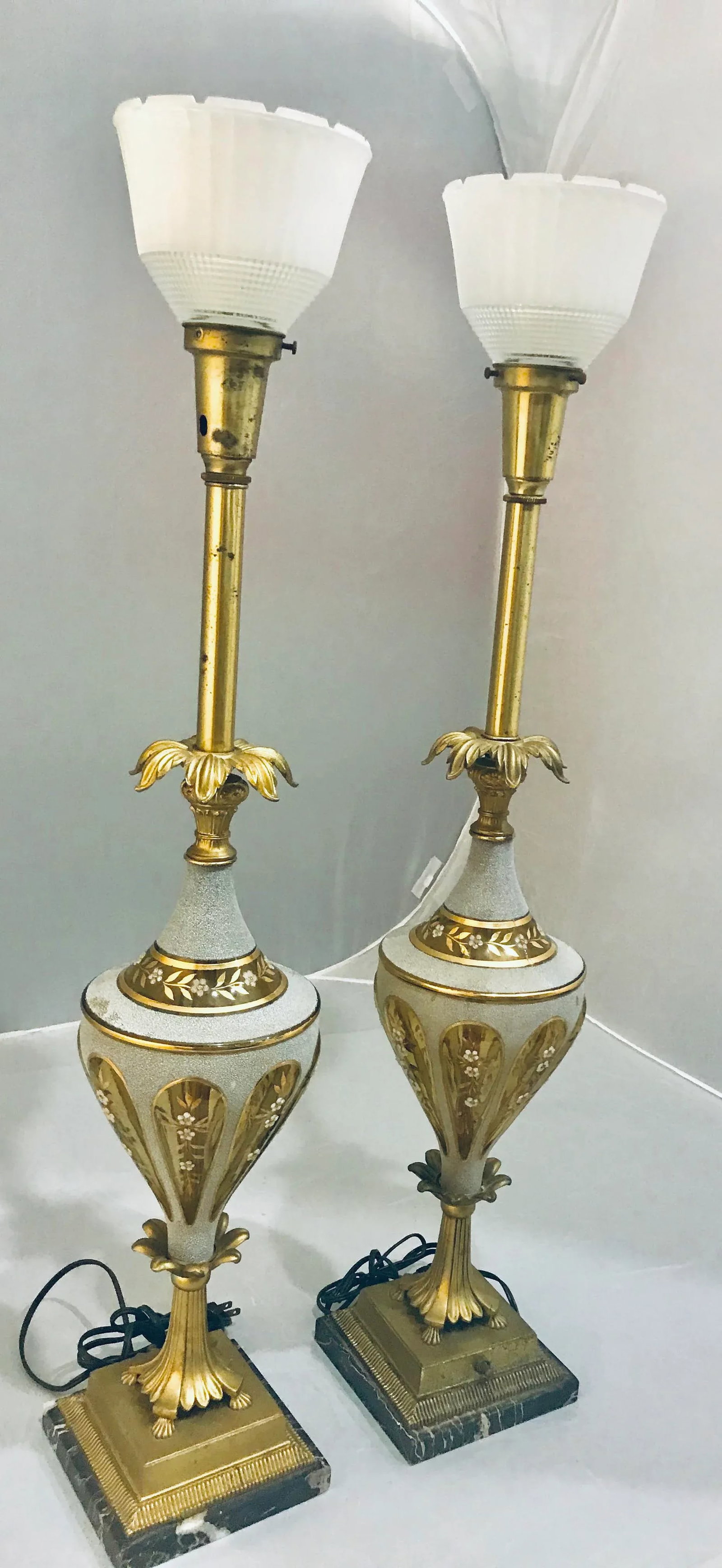 1940s Glass & Brass Torchiere Table Lamps - a Pair - 4