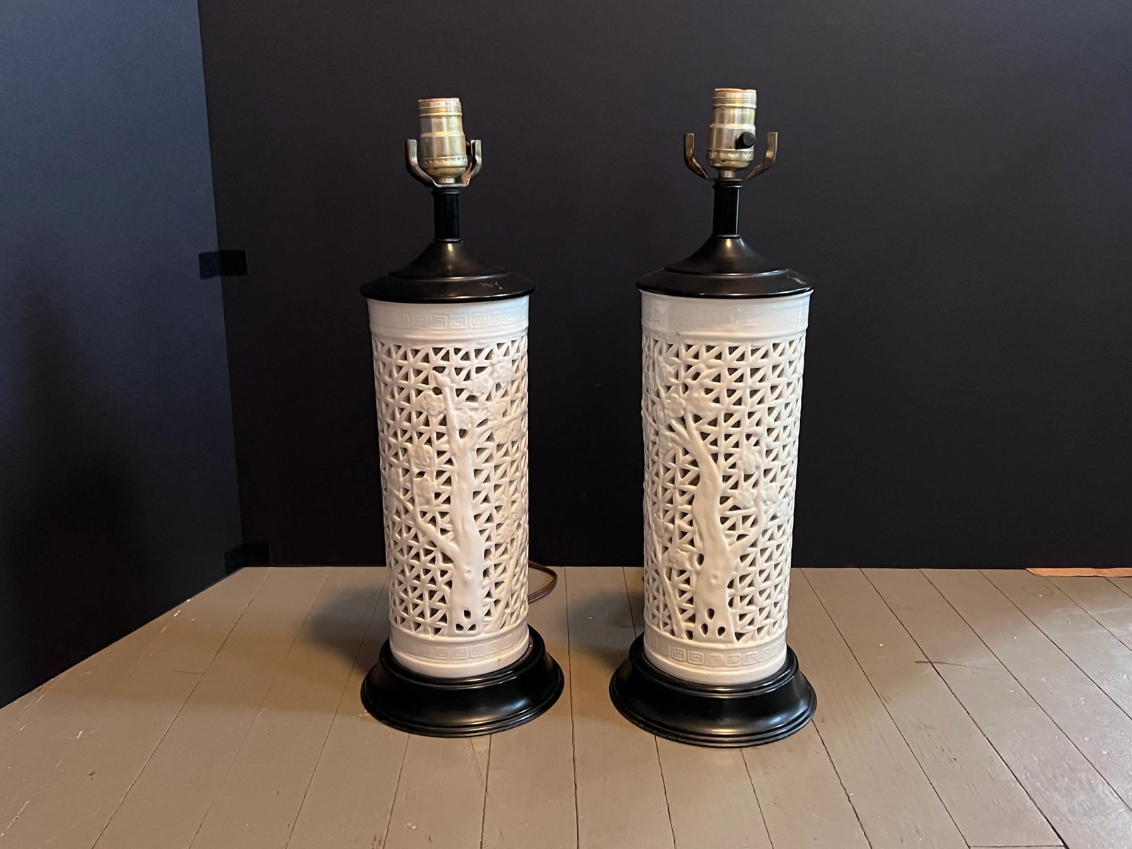 Vintage Chinese Blanc deChine White Ceramic Lamps Wood Base; Set of Two - 2