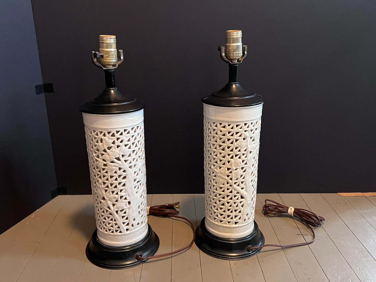 Vintage Chinese Blanc deChine White Ceramic Lamps Wood Base; Set of Two - 3