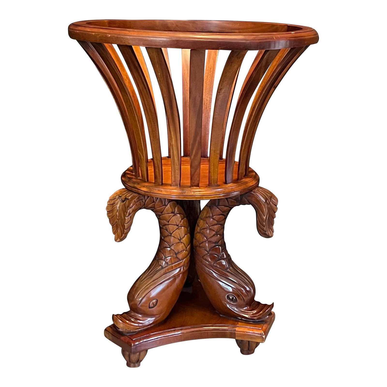 Vintage Carved Koi Fish Plant Stand: Wonderful vintage wood carved koi fish plant stand. Condition: Alterations: Original Condition Unaltered Imperfections: Some Imperfections Condition Notes: Two loose slats, does not affect function or