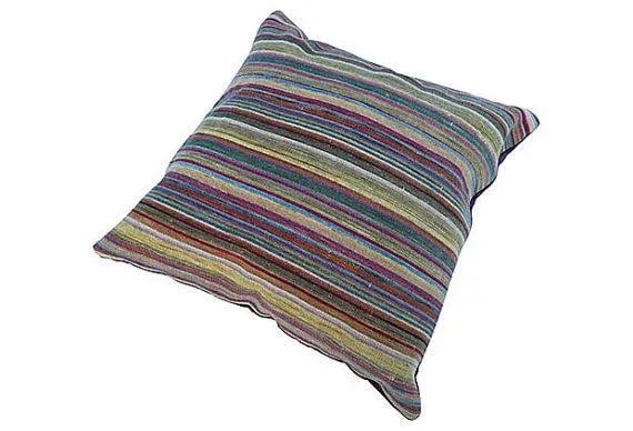 Saliha by Design Stripe Kilim Floor Pillow: A vintage large stripe Turkish kilim floor rug pillow that is newly made with fresh insert of 100% poly with linen insert cover and plum color velvet backing. It is signed Saliha by Design. Condition:
