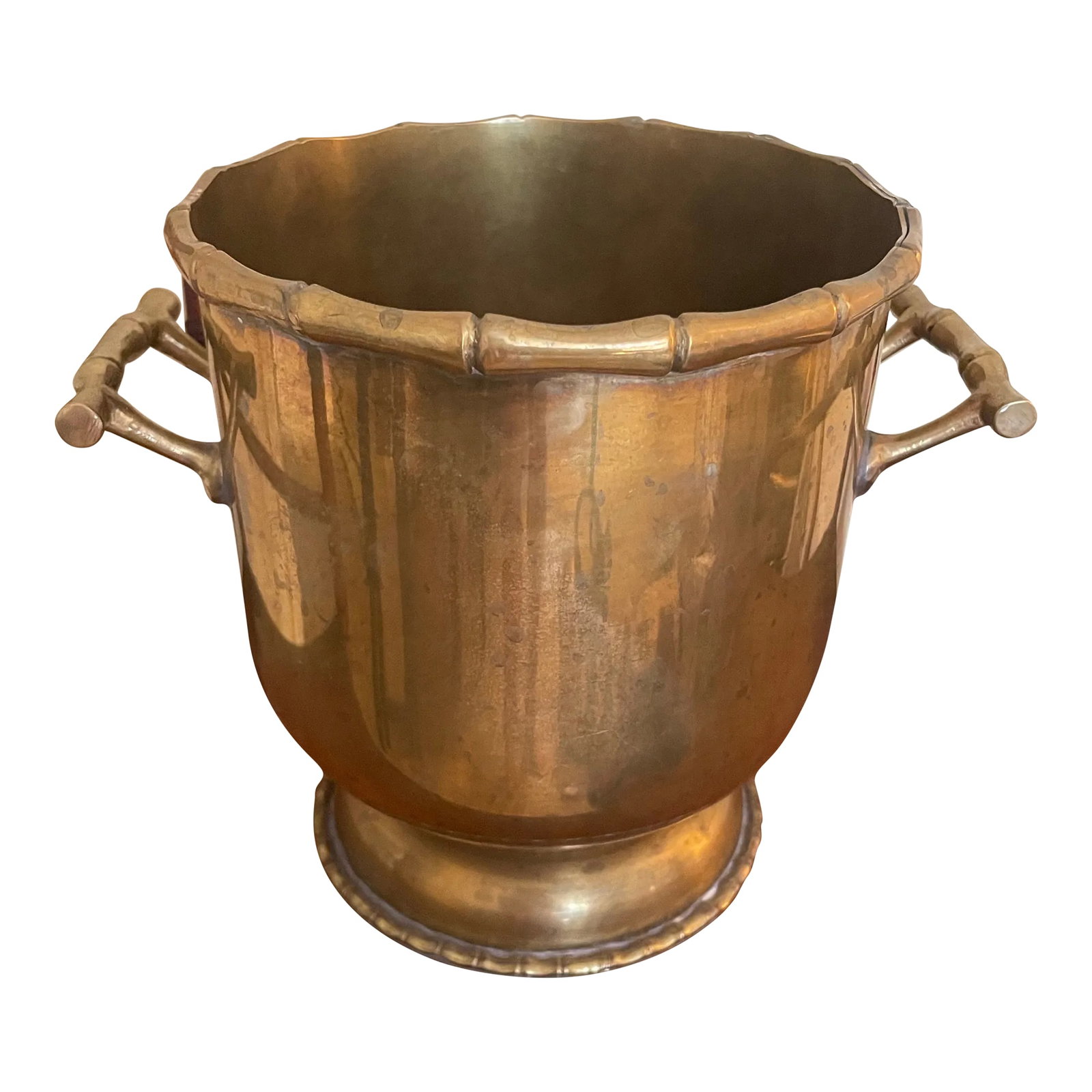 Brass Faux Bamboo Ice Bucket: I love faux bamboo, it's so classic Deco period and adds whimsy to everything. This is a brass footed ice bucket with faux bamboo handles and trim around the rim and base. Perfect for any bottle! Cond