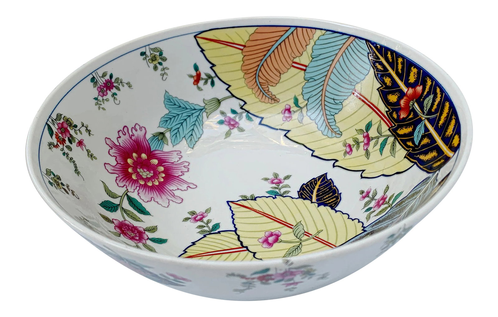 Vintage Tobacco Leaf China Medium Serving Bowl: This beautiful vintage fine china bowl in the TOBACCO LEAF pattern was made in JAPAN by Seymour Mann. This dramatic bowl is decorated on the inside and the outside. The multicolor decoration is