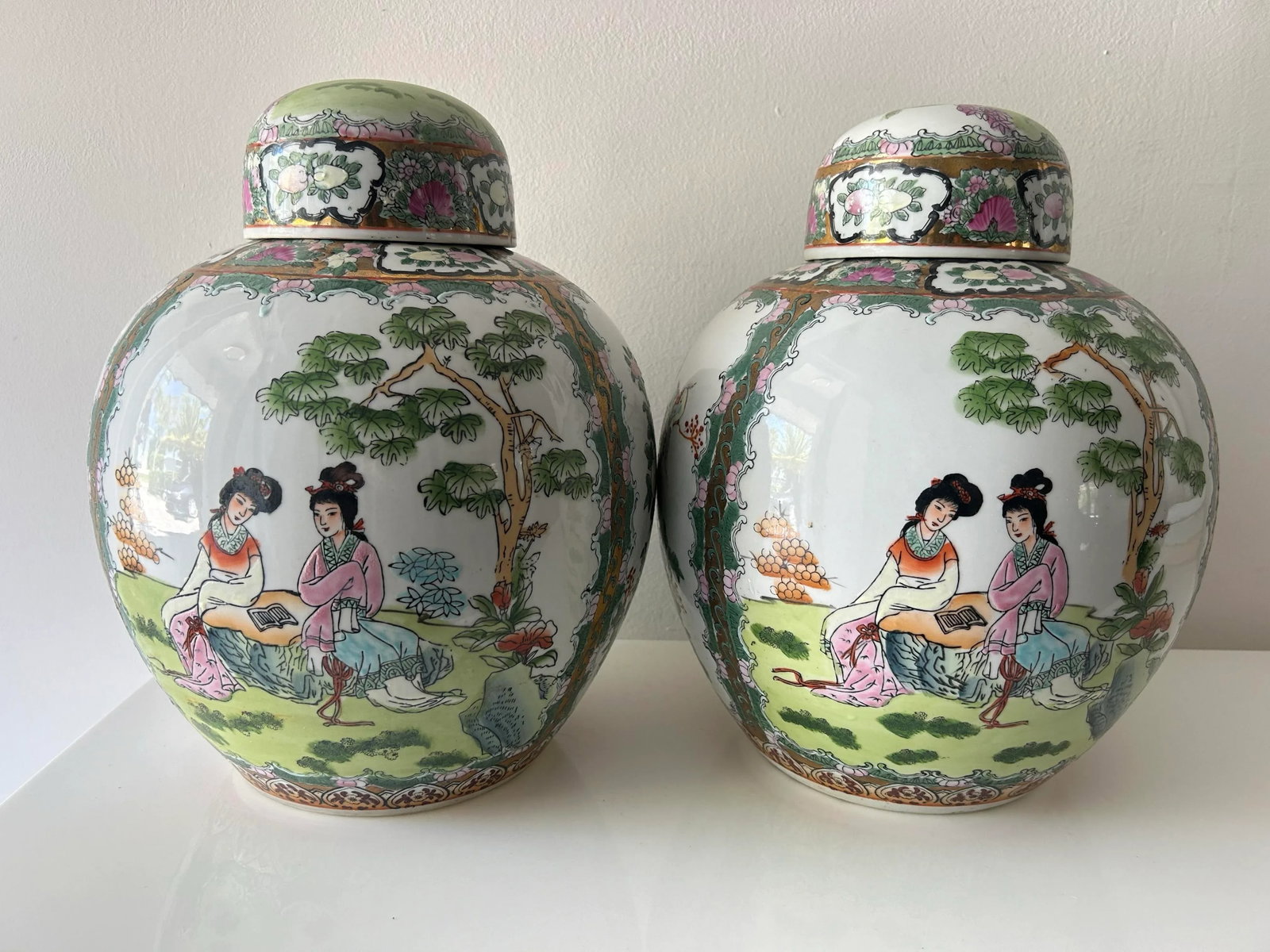 Pair of Vintage Famille Rose Lidded Ginger Jars - 8